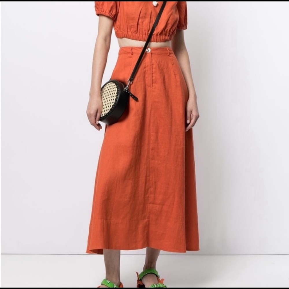 STAUD Linen Skirt & Top in Burnt Ochre Sz Sm